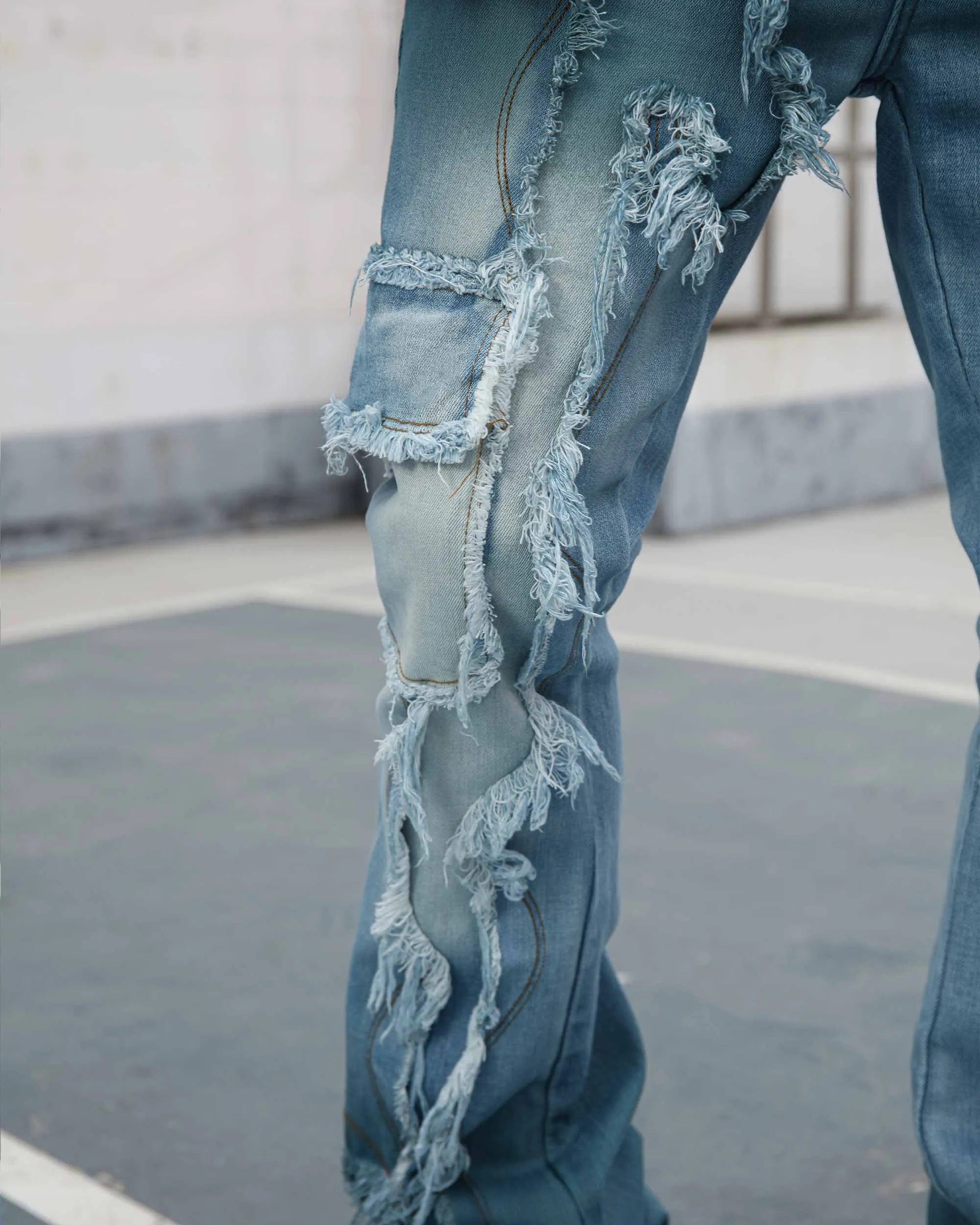 Irregular Blue Stacked Jeans with Fringe-Mexico Local Delivery
